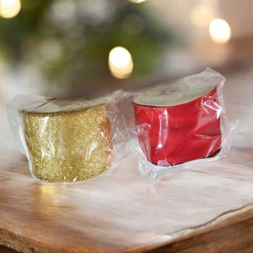 2 Pack Christmas Ribbon Gold Glitter & Red Satin